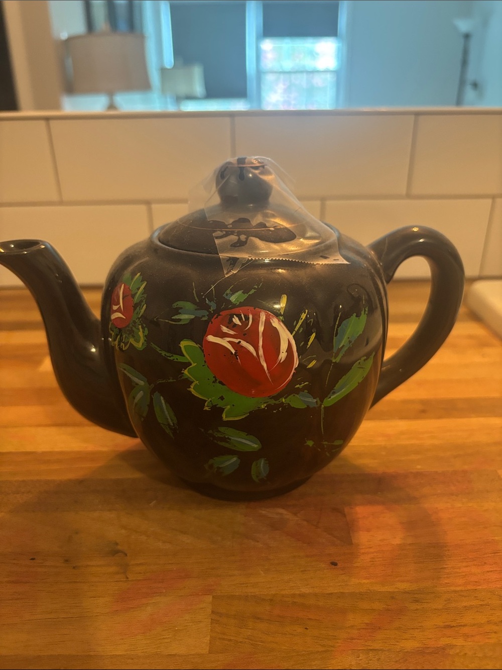 Hand-Painted Floral Ceramic Teapot - Black with Red Roses JAPAN